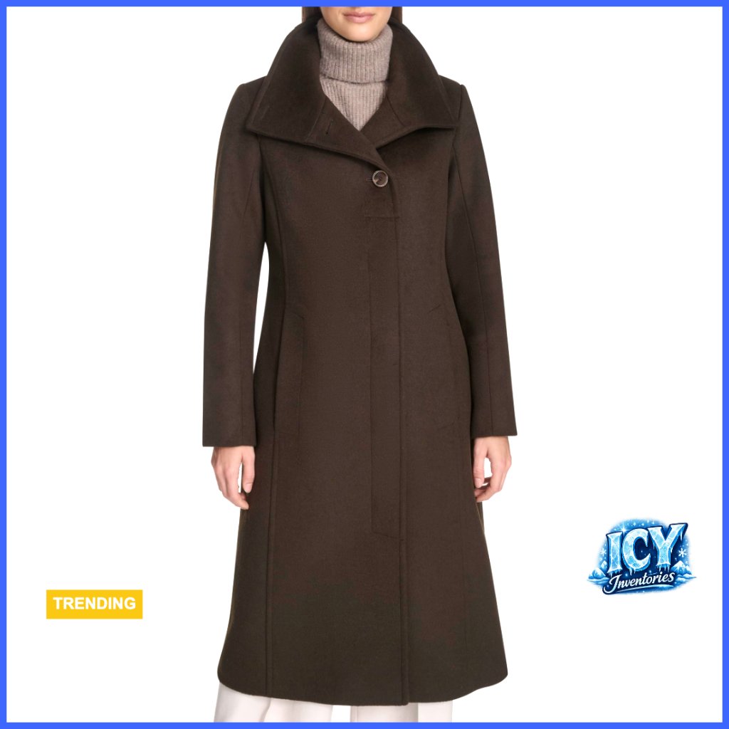 Wool Overcoat With Stand Collar And Back Belt Detail, Long Sleeve